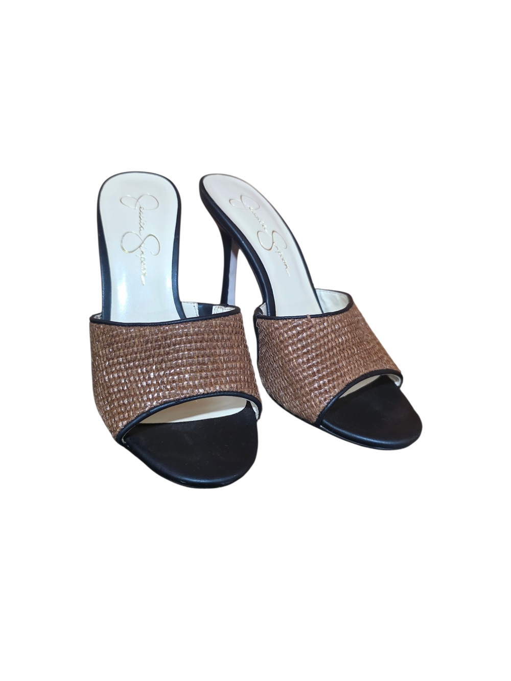 Jessica Simpson Brown Woven Open-Toe Slide Heels with Black Trim